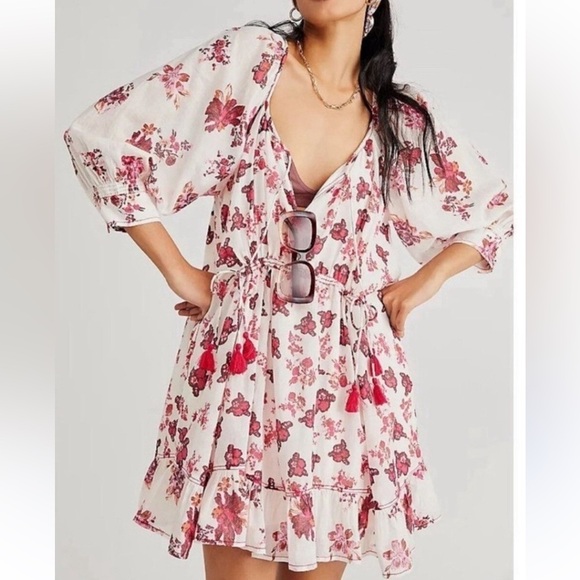 Free People Dresses & Skirts - Free People Camilla Mini in Ivory Combo Magenta Pink Floral Long Sleeve Dress Sm